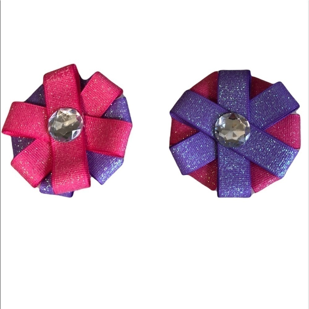 2/$15 Pink Purple Sparkly Hair Bow Barrettes Set Rhinestone Girls Boutique Clips
